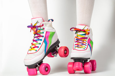Portrait of woman legs wearing four-wheeled roller blades with colorfull laces on white backgroundの写真素材