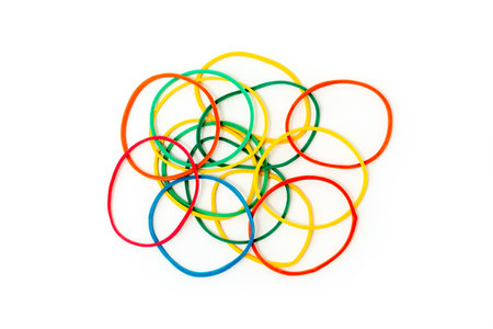 Colorful rubber bands isolated on white backgroundの写真素材