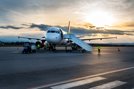 Airplane at sunset - back lit. Airplane being charged and receiving cargo at the airportの写真素材