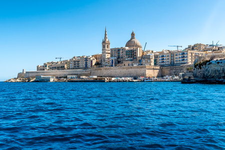 Beautiful cityscape with ancient architecture of the Valletta city in Malta. View from the seaの写真素材