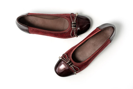 Studio photo of brown female loafers with low heel. Slip on female leather brown shoes on white backgroundの写真素材