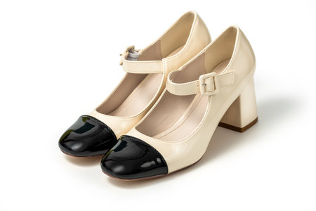 Studio photo of a Retro style pair of high heel women's shoes on a white background. Patent leather buckle female shoes. Beige high heel shoes with black tipの写真素材