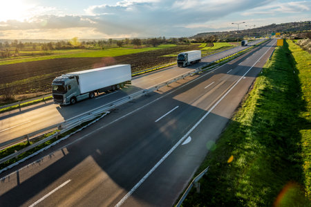 Convoy or Fleet of transportation trucks with white trailers on a Highway through the rural landscape on a beautiful sunsetの写真素材