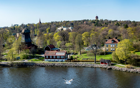Rocky coast of Stockholm archipelago in Baltic sea with traditional houses at sunny spring evening scenery.の写真素材