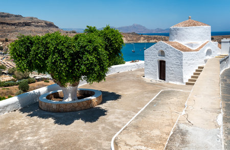 Beautiful medieval architecture of Lindos town in Rhodes, Greece.の写真素材