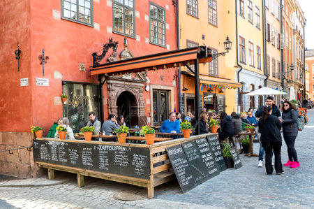 Stockholm, Sweden - May 2, 2024: Chokladkoppen, a famous coffee shop at Stortorget Square in Stockholm, is a great place to have a cup of warm chocolate in a cold day.のeditorial素材