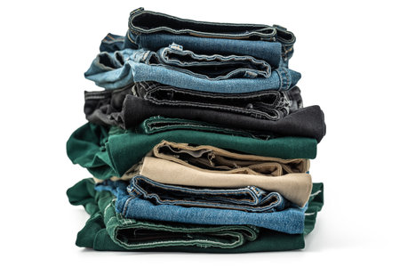 Blue and color jeans isolated on white background, jeans stacked, clipping path includedの写真素材