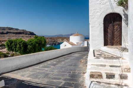 Beautiful medieval architecture of Lindos town in Rhodes, Greece.の写真素材