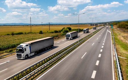 Convoy of white Trucks with containers on highway, cargo transportation concept in springtime - freight serviceの写真素材