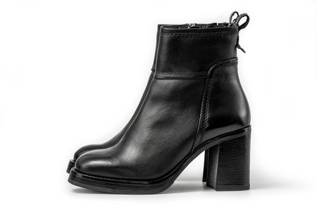 Female elegant high heeled leather ankle boots. Isolated on a white background with clipping path includedの写真素材