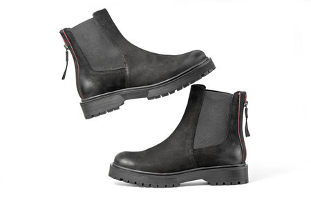 Female casual flat leather ankle boots. Isolated on a white background with clipping path includedの写真素材