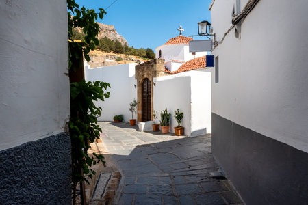 Beautiful medieval architecture of Lindos town in Rhodes, Greece.