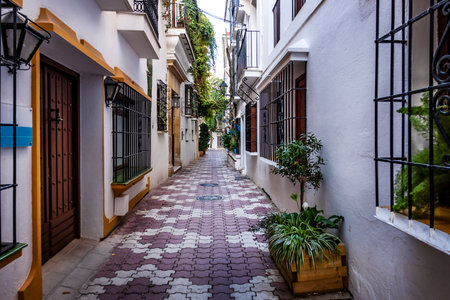 Marbella old town in Andalucia Spain. Typical Spanish village whitewashed houses narrow streetの写真素材