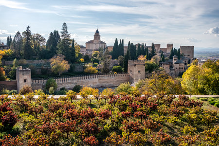 The watchtowers of the Alhambra, seen from the way to the Generalife. Alhambra, Granada, Spain