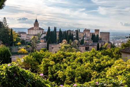 The watchtowers of the Alhambra, seen from the way to the Generalife. Alhambra, Granada, Spain