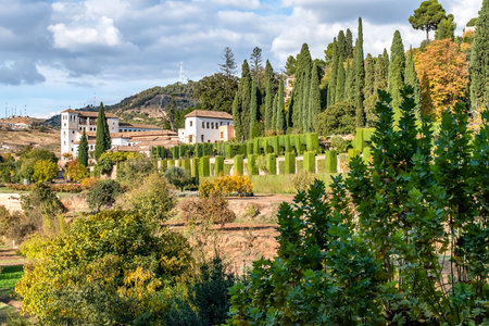 Palacio de Generalife in Granada, Spain. View of the Palacio de Generalife from the Alhambra in...