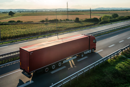Big Red semi trailer truck on a highway driving at bright sunny sunset. Transportation vehicles