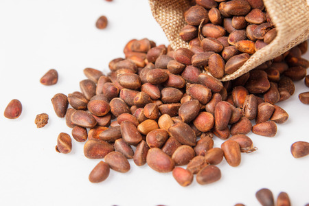 Pine nuts scattered from the bagの写真素材