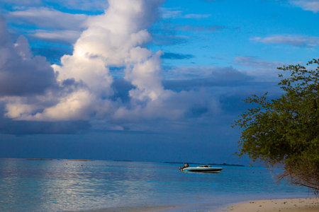 Fishing boat on the beach at sunset in Cayo Largo, Cubaの写真素材