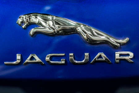 Minsk, Belarus May 2018 brand jaguar emblem logo sign on auto during autoexhibition on jaguar f-paceのeditorial素材
