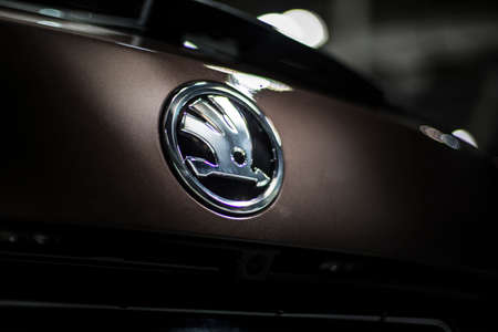 Minsk, Belarus May 2018 brand skoda emblem logo sign on auto during autoexhibition on skoda kodiaqのeditorial素材
