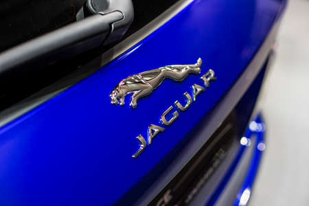 Minsk, Belarus May 2018 brand jaguar emblem logo sign on auto during autoexhibition on jaguar f-paceのeditorial素材