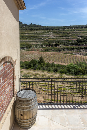 Barrel of wine on the background of the Valley of Vineyards and Mountainsの写真素材