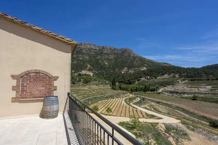 Barrel of wine on the background of the Valley of Vineyards and Mountainsの写真素材