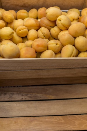 fresh apricot and wood box abstract fruit colorful pattern texture backgroundの写真素材