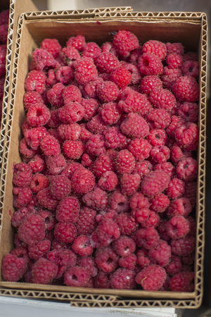 fresh red ripe raspberries in boxes abstract fruit colorful pattern texture backgroundの写真素材