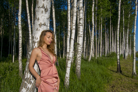 young slender beautiful girl in a long coral dress posing in a birch grove smiling vogue styleの写真素材