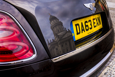 BERLIN - AUGUST 17, 2014: Bentley Mulsanne at the test drive event for automotive journalists. Bentley Mulsanne is powered by 6.75 liter V8 twin-turbo, which produces 512 hp of power.のeditorial素材