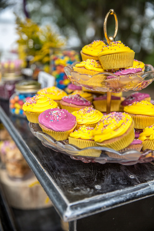 colorful cupcakes frosted with a variety of frosting flavorsの写真素材