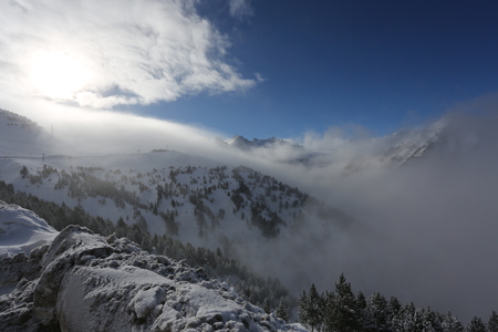the top of the mountains with forest covered with snowの写真素材