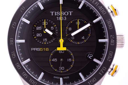 Le Locle, Switzerland 15.01.2020 - Tissot man watch stainless steel case, black clock face dial,, swiss quartz mechanical watch isolated, swiss made manufactureのeditorial素材