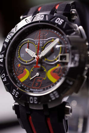 Le Locle, Switzerland 15.01.2020 - Tissot man watch stainless steel case, black clock face dial,...