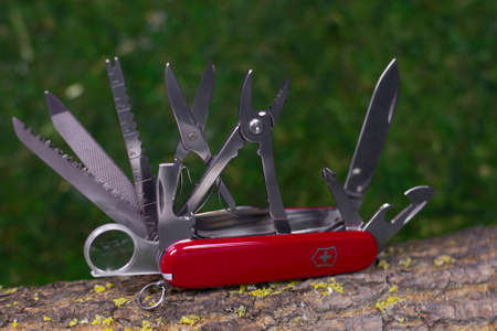 Ibach, Switzerland 02.02.2020 - big opened Swiss Army knife Victorinox