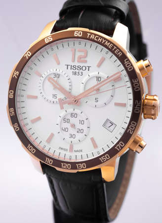 Le Locle, Switzerland 15.01.2020 - Tissot man watch stainless steel case, leather strap, swiss quartz mechanical watch isolated, swiss made manufactureのeditorial素材