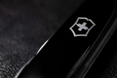 Ibach, Switzerland 02.02.2020 - black Swiss Army knife Victorinox close-upのeditorial素材