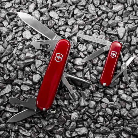Ibach, Switzerland 02.02.2020 - Two opened Swiss Army knife Victorinoxのeditorial素材