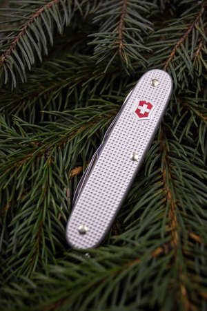 Ibach, Switzerland 02.02.2020 - Silver multitool Swiss Army knife Victorinoxのeditorial素材