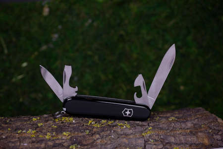 Ibach, Switzerland 02.02.2020 - opened Swiss Army knife Victorinox blackのeditorial素材