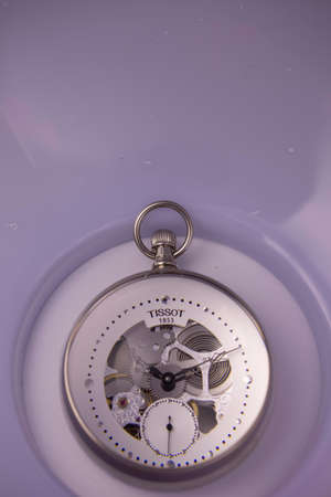 Le Locle, Switzerland 15.01.2020 - Tissot stainless steel case,, swiss quartz mechanical watch isolated, swiss made manufactureのeditorial素材