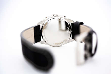 Biel, Switzerland 31.03.2020 - The close up of Hamilton man watch stainless steel case back case...
