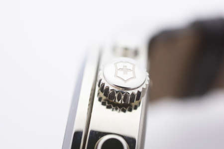 Ibach, Switzerland 31.03.2020 - The close up of Victorinox man watch stainless steel case leather...