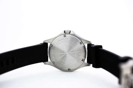 Biel, Switzerland 31.03.2020 - The close up of Hamilton man watch stainless steel case back case...