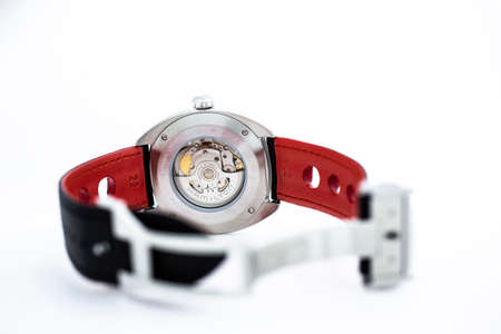 Biel, Switzerland 31.03.2020 - The close up of Hamilton man watch stainless steel case back case...