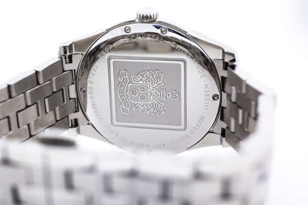 Biel, Switzerland 31.03.2020 - The close up of Hamilton man watch stainless steel case back case...