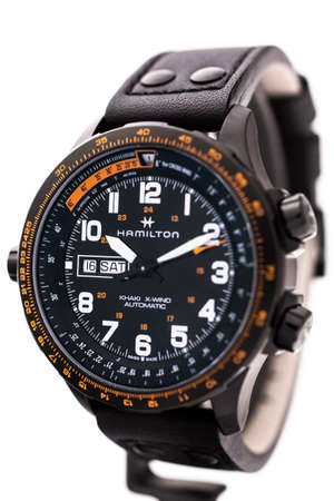 Biel, Switzerland 31.03.2020 - The close up of Hamilton man watch stainless steel case black clock...