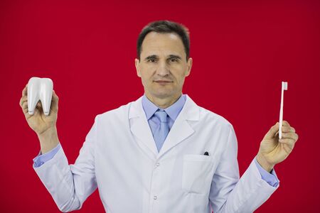 Middle age dentist man holds toothbrush an tooth model friendly face.